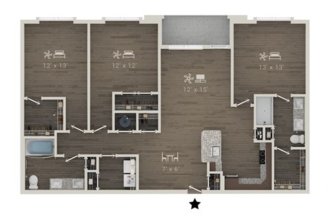 Floor plan for 3 beds, 2 baths, 1515 sqft